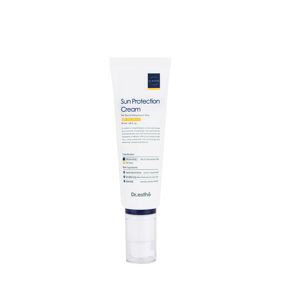 A tube of Sun Protection Cream with SPF 50+ PA+++, indicating high sun protection. The packaging is white with blue and red text detailing product information.