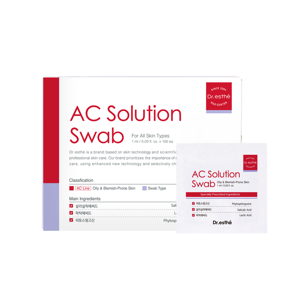 Packaging for Dr Esthe AC Solution Swab, displaying the product name and quantity, with additional text and branding.