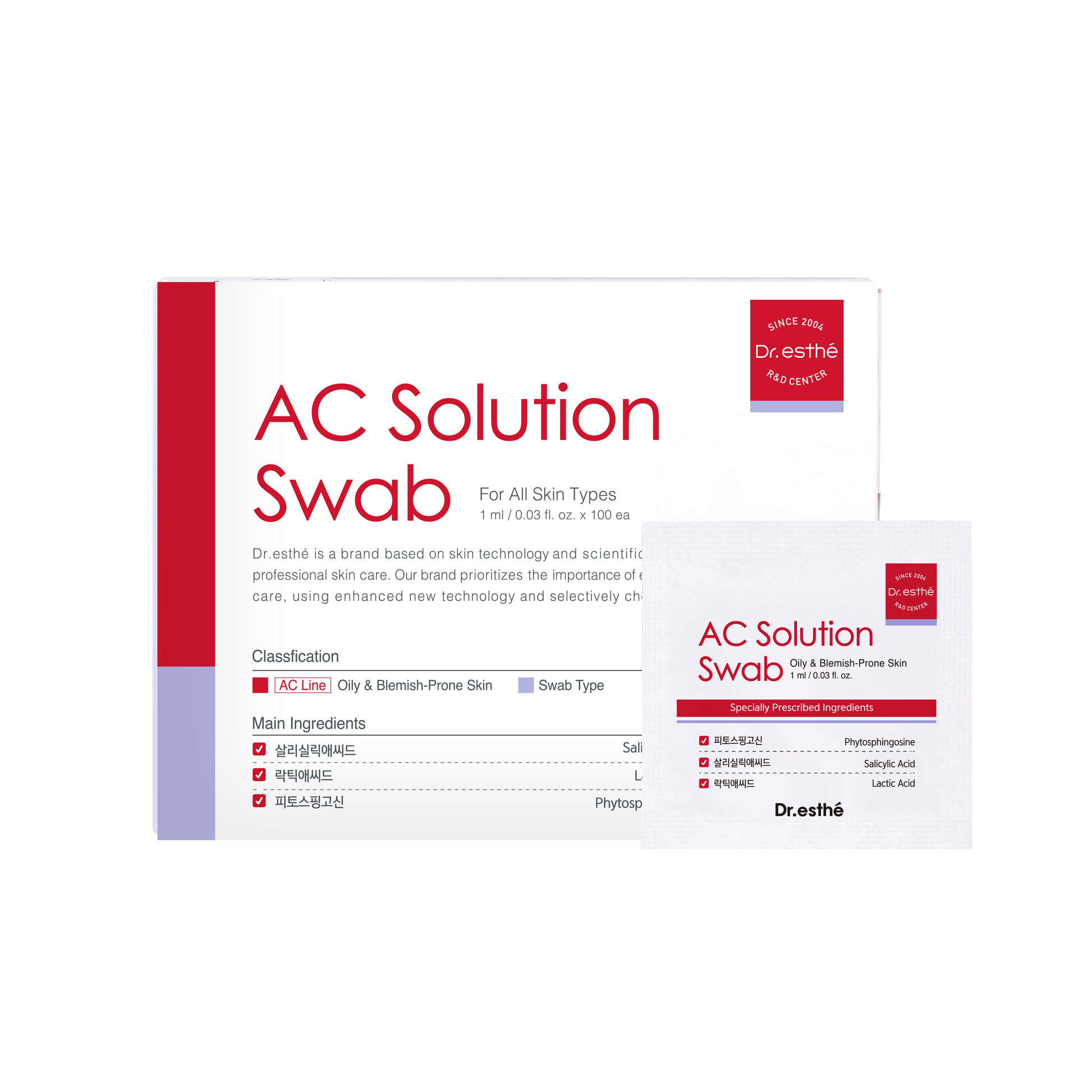 Packaging for Dr Esthe AC Solution Swab, displaying the product name and quantity, with additional text and branding.