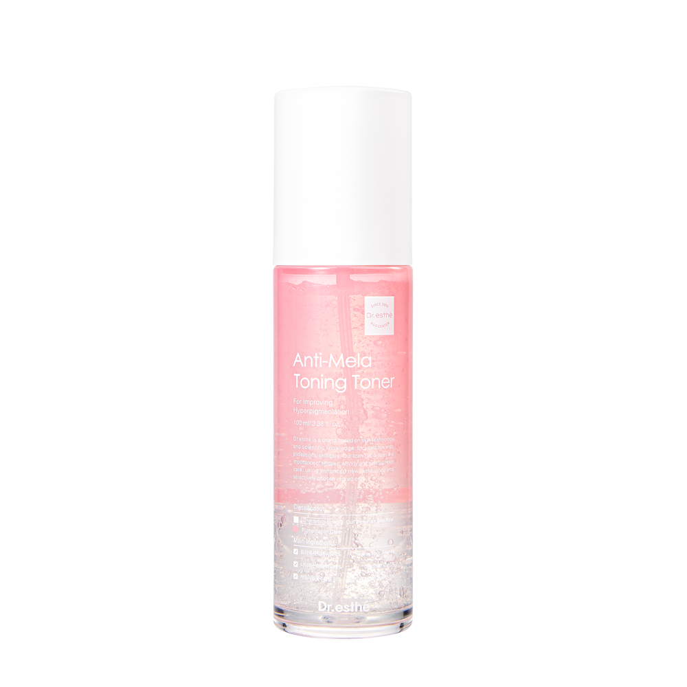 A clear bottle containing a pink-toned jelly textured toner, with a white pump dispenser.