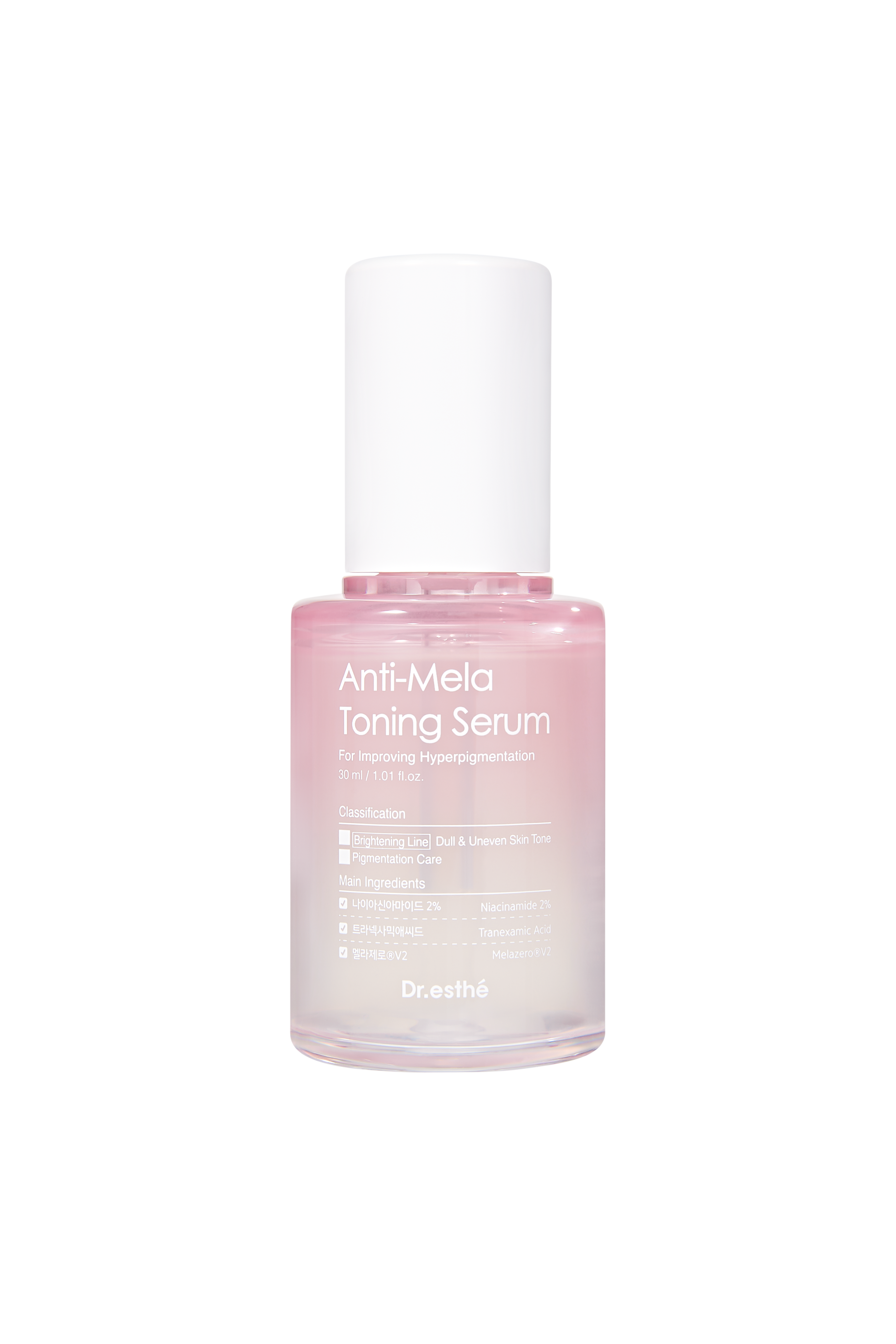 A bottle of Anti-Mela Toing Serum with a pink label and clear liquid visible inside.