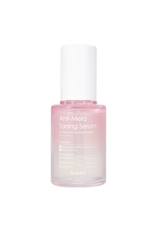 A bottle of Anti-Mela Toing Serum with a pink label and clear liquid visible inside.