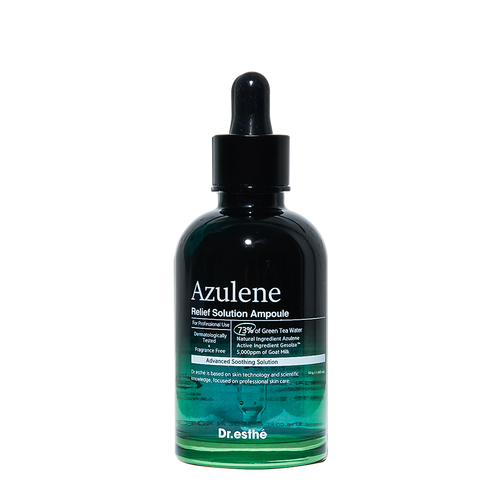 A bottle of Azulene Relief Ampoule with a dropper, primarily dark green in color with white and lighter green text detailing the product information.