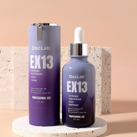 DocLab EX13 extreme whitening skincare product cream ampoule on a beige background