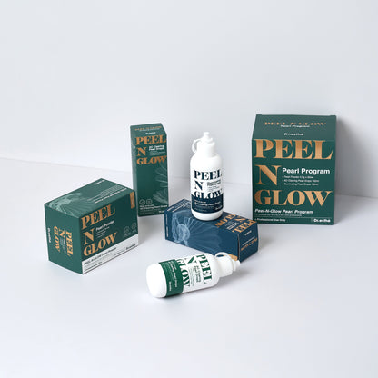 PEEL N GLOW skincare products on a white background