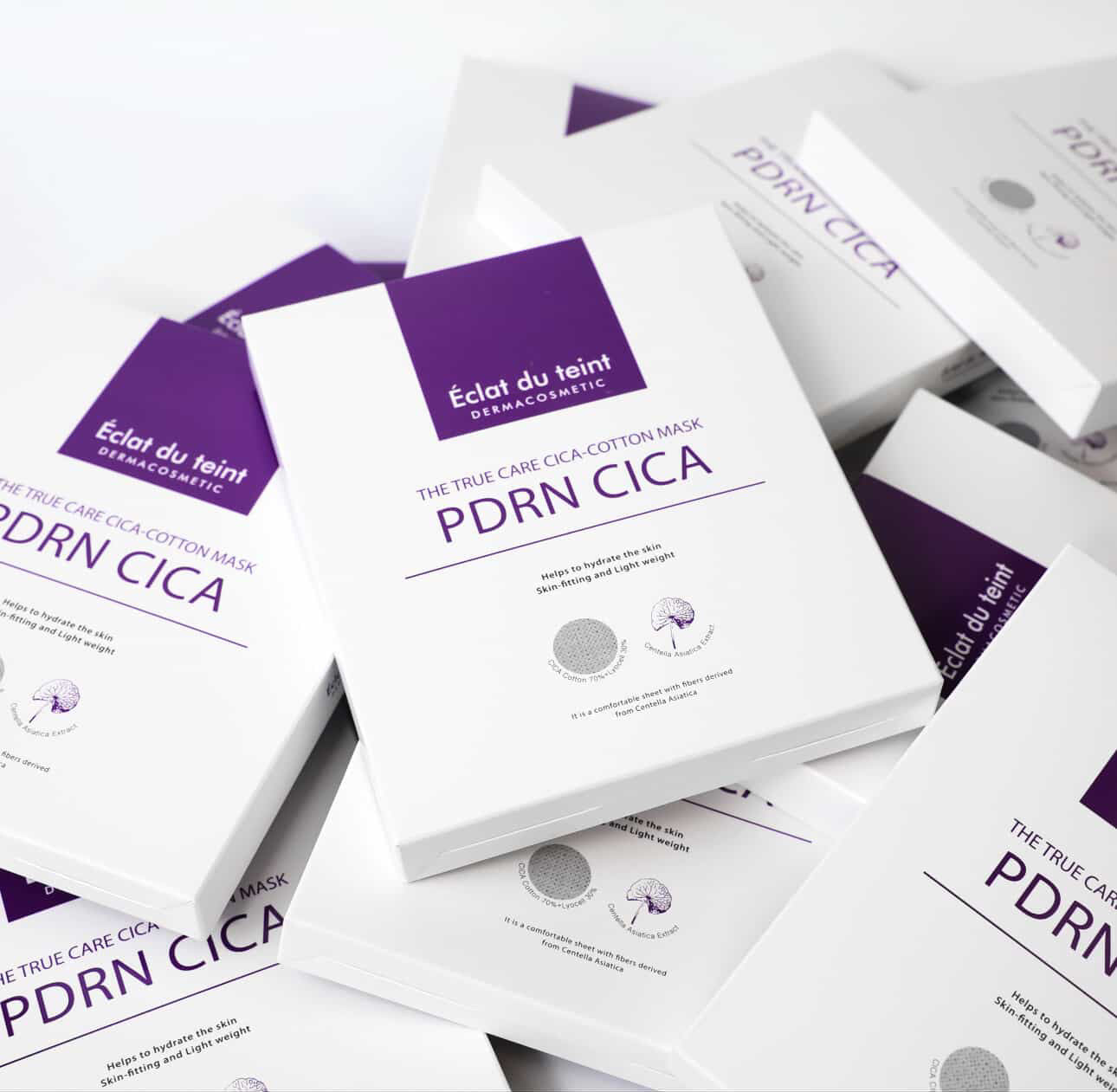 PDRN CICA skincare sheet mask in white and purple packaging