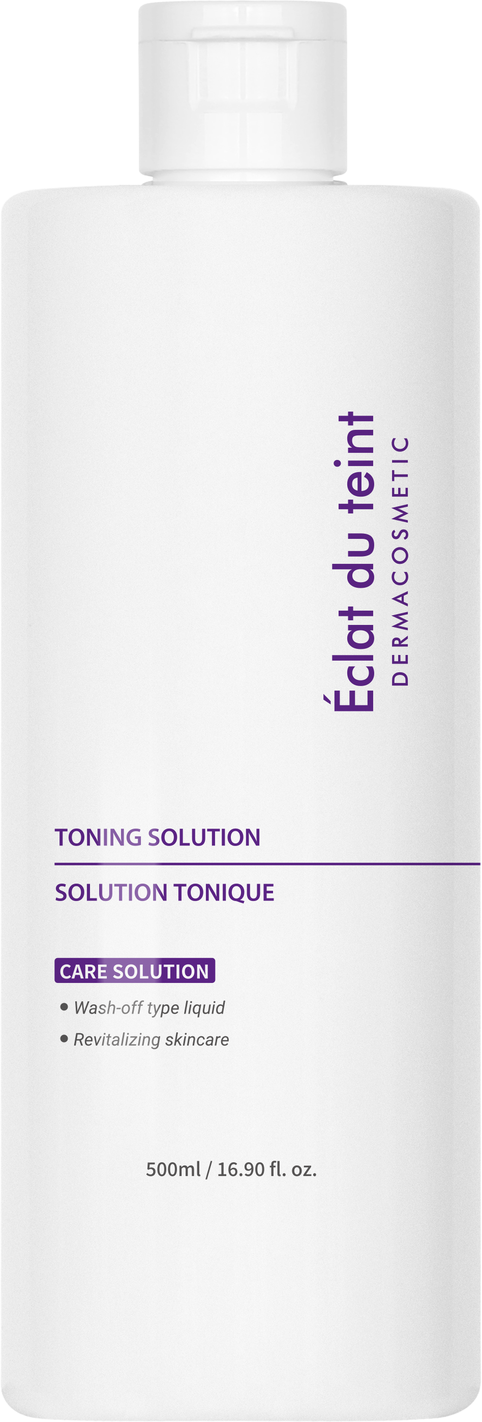 Toning solution bottle labeled 'Eclat du teint' with white and purple design.