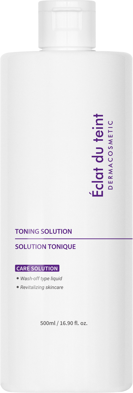 Toning solution bottle labeled 'Eclat du teint' with white and purple design.
