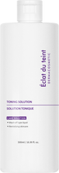 Toning solution bottle labeled 'Eclat du teint' with white and purple design.