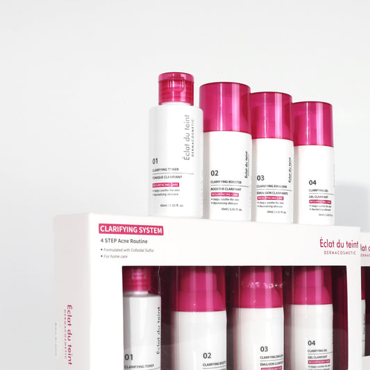 Set of Eclat du teint skincare products with pink caps on a white background