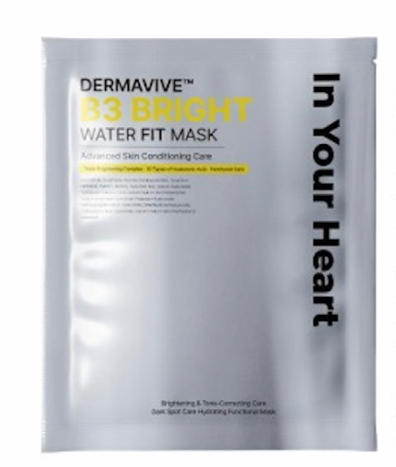 Dermavive B3 Bright Water Fit Mask sachet packaging, featuring a metallic silver foil design with yellow and black text.