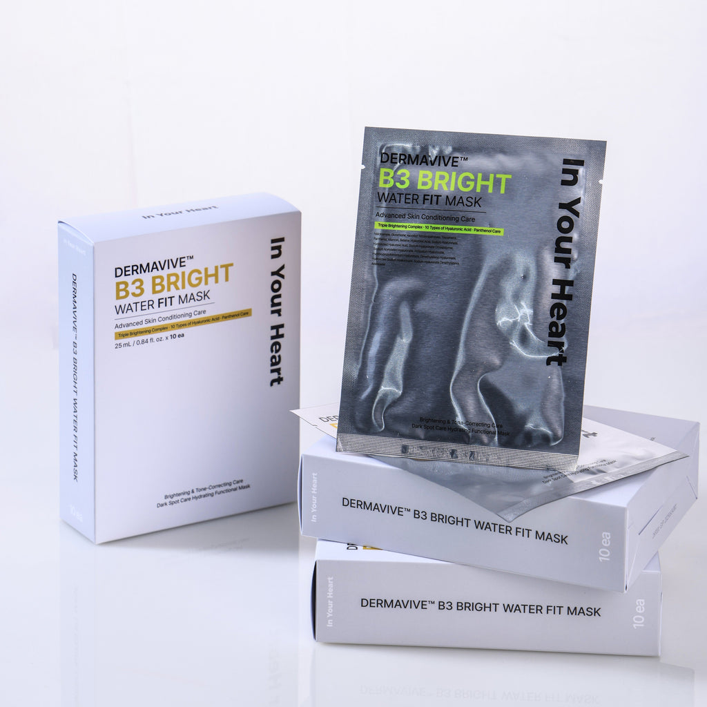 In Your Heart Dermavive B3 Bright Water Fit Mask packaging, including a white outer box, a black foil packet, and three stacked white boxes on a clean white background.