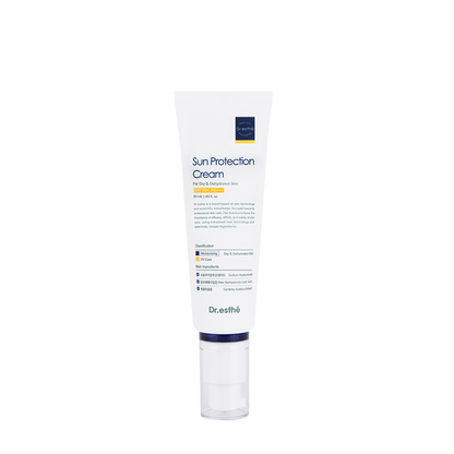 A tube of Sun Protection Cream with SPF 50+ PA+++, indicating high sun protection. The packaging is white with blue and red text detailing product information.