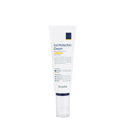 A tube of Sun Protection Cream with SPF 50+ PA+++, indicating high sun protection. The packaging is white with blue and red text detailing product information.